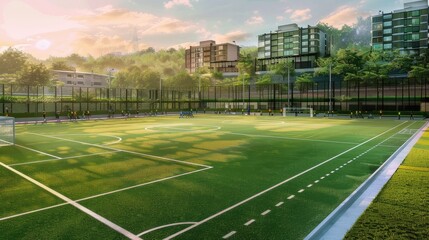 An expansive football ground capturing the essence of outdoor sports. Experience the thrill of team play in this sports haven.