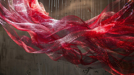 Iridescent ruby wires suspend in a chaotic yet harmonious tableau.