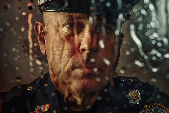 A portrait of a police officer with a double exposure of a badge and a handcuff