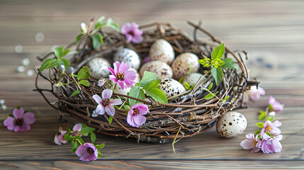 Fototapeta na wymiar Spring nest with quail eggs with flowers on a wooden background