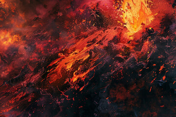 Develop a mottled background that captures the dynamic and explosive energy of a volcanic eruption, with reds, oranges, and blacks blending to depict the power and chaos of nature