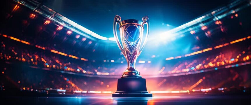 World championship winner cup trophy at sports stadium empty background. Dark night evening stylish neon lights, center or midfield. Panorama with copy space.