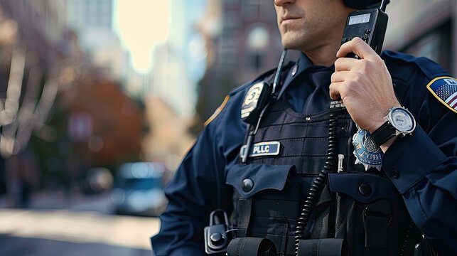 Dedicated police officer holding a walkie-talkie, ensuring swift communication for law enforcement. Your safety is our priority.