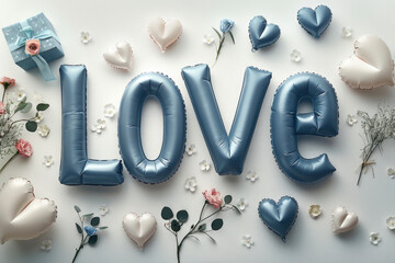 blue inflated, plump ,  three-dimensional.letters in text LOVE with flowers on white background ....