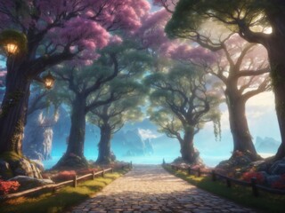 "Enchanted Arboreal Odyssey: AI-Rendered Road Amid Whimsical Trees Leading to Ethereal Sea"