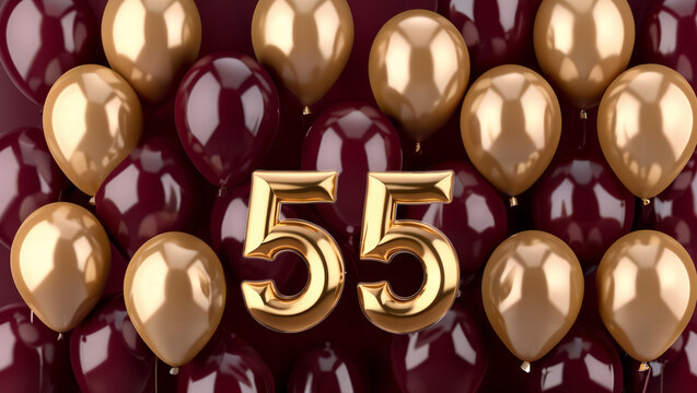 Congratulations card for the 55th birthday/anniversary with red and golden balloons.