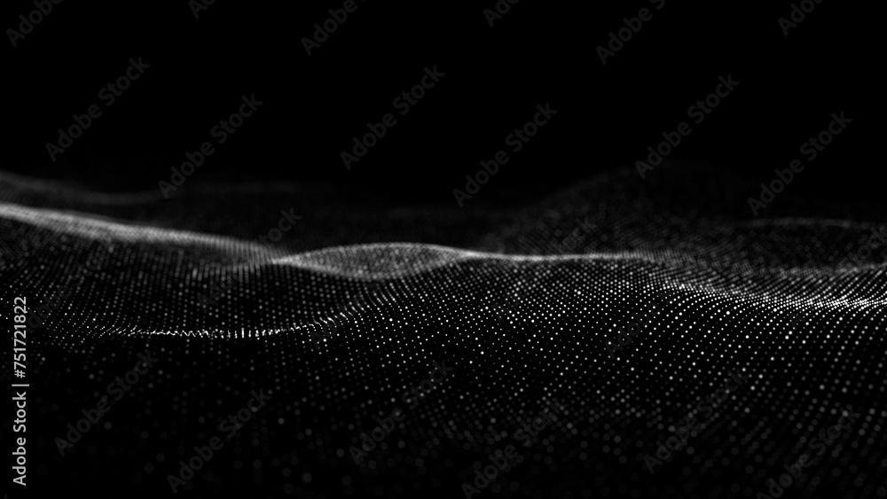 Poster Black wave of particles. Big data visualization. Abstract background with a dynamic wave. 3d rendering.