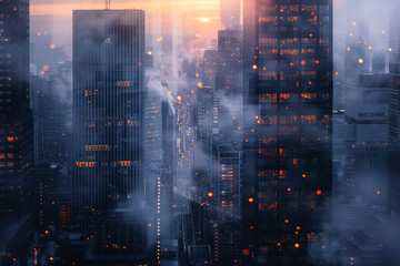 Develop a mottled background that captures the essence of a city at twilight, with the fading light of the sun setting behind skyscrapers and the first lights of the evening coming alive