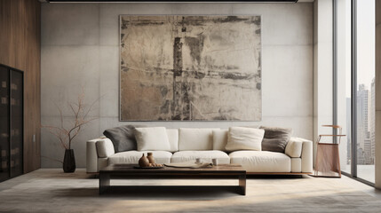 A stylish living room with a textured wall finish, a large sofa, and an abstract art piece