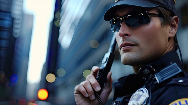 Dedicated police officer holding a walkie-talkie, ensuring swift communication for law enforcement. Your safety is our priority.