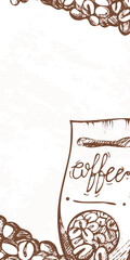 Coffee beans cup calligraphy. Drawn style cafe menu design. Comfort beverage cozy atmosphere vector illustration