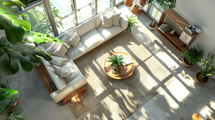 A room filled with brightness and minimalistic decor, featuring top-view indoor plants