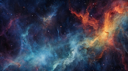 This image features an abstract cosmic nebula rendered in striking colors, evoking a sense of wonder and depth