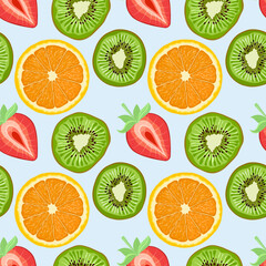 Obraz premium Seamless fruit pattern. Background with fresh slices of green kiwi, red strawberry and orange. Colorful vector illustration on a blue background.