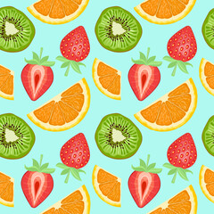 Seamless fruit pattern. Background with fresh slices of green kiwi, red strawberry and orange. Colorful vector illustration on a blue background.