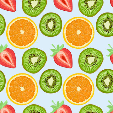 Seamless fruit pattern. Background with fresh slices of green kiwi, red strawberry and orange. Colorful vector illustration on a blue background.