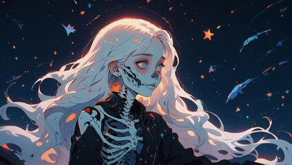  illustration of skeleton anime girl with white hair and starry background
