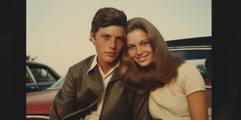 A polaroid capture of high school lovers happy on the car