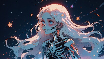 illustration of skeleton anime girl with white hair and starry background - obrazy, fototapety, plakaty