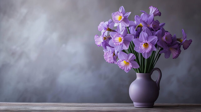 Lilac daffodils in a vase on a gray isolated background