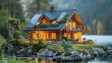 Fototapeta premium solar panels on a log cabin model, underneath are blueprints. 