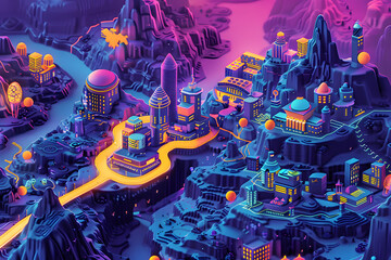 Neon Futuristic Miniature City. Colorful Illustration