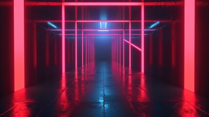 A 3D geometric of a dark futuristic corridor with glowing red geometric shapes on the walls. A close-up of a futuristic hallway with glowing red lines forming a grid pattern.