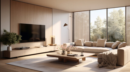 Obraz na płótnie Canvas A stylish living room with a sectional sofa, Smart Home devices