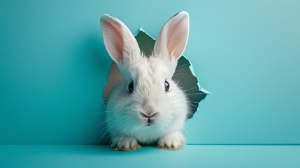 Obraz premium bunny peaking from a hole in a blue background