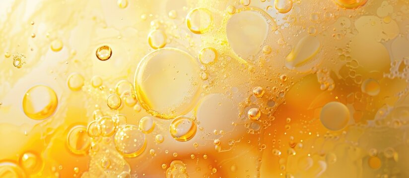 In this macro shot, water droplets are prominently displayed against a bright yellow backdrop. The droplets appear crystal clear and reflective, capturing the essence of purity and simplicity.