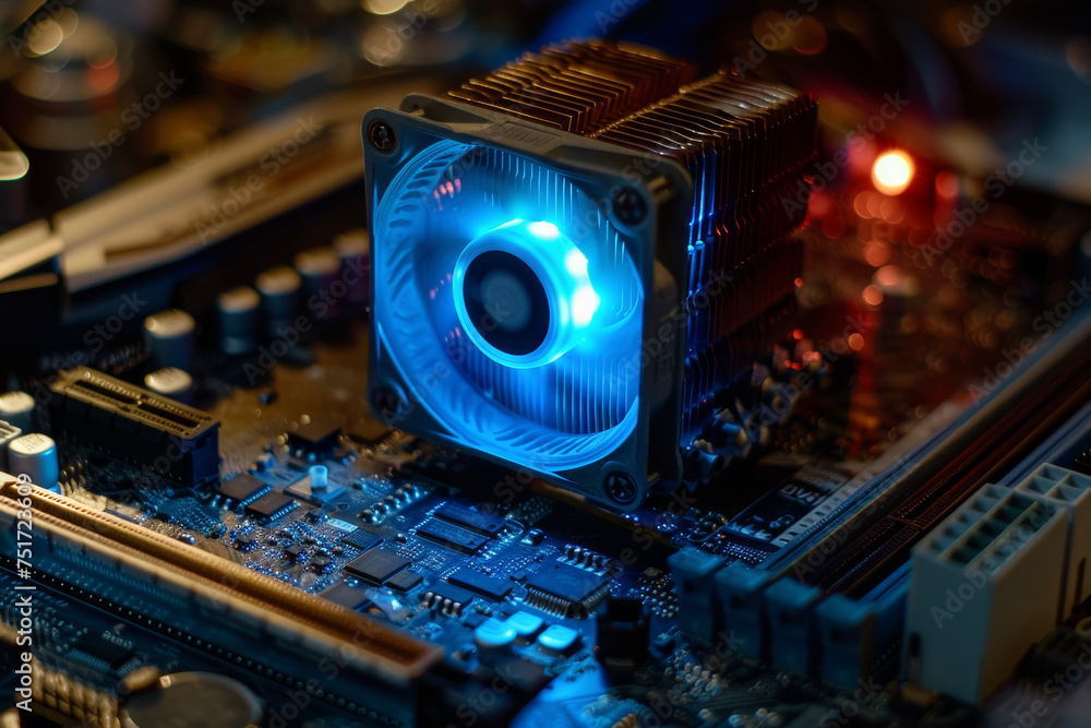 Poster a processor with a blue led light and a fan on top of it