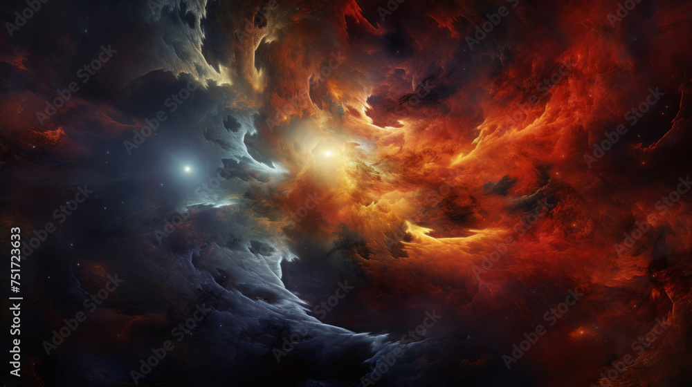 Poster a captivating digital image showing the intense warmth of a nebula contrasted with the coolness of s