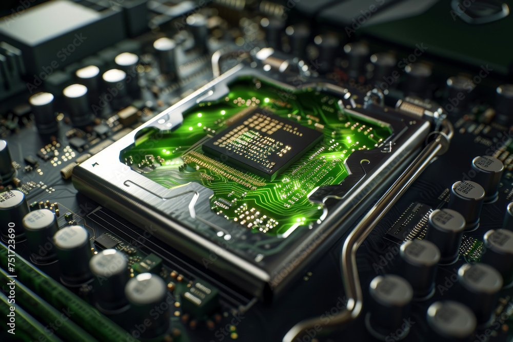 Poster a processor with a green and silver design and a bio system on it