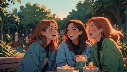illustration of fhree female friends laughing and bonding outdoors in a casual park hangout - obrazy, fototapety, plakaty