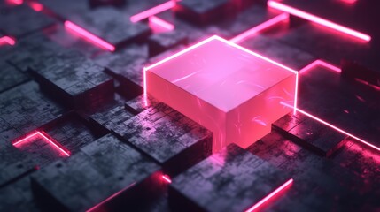 close up a glowing pink cube in a dark maze. The cube illuminates the path ahead. 3d Cube Vibrant Neon Illuminated Cubes In Abstract Background Render 