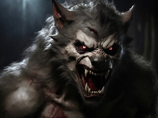 Werewolf with mouth wide open and sharp teeth
