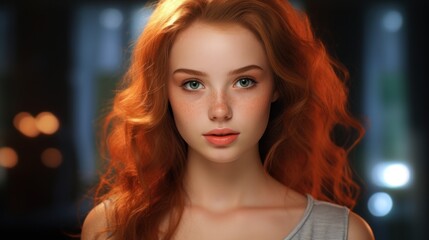 Fototapeta premium Stunning red-haired girl with freckles and fair skin, close-up portrait, piercing eyes.