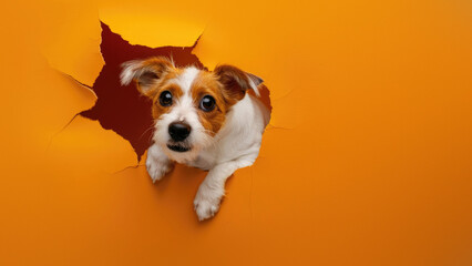 An adorable dog's ears and paws captured as it curiously peeks through a torn orange paper, evoking playfulness and curiosity
