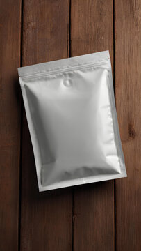 Image for white packaging bag mockup, on a wooden table, top view with header seal