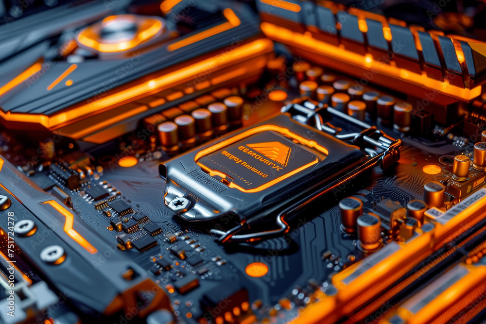 Poster a processor with a orange and black design and a overclocking system on it