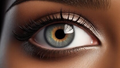 female eye close up macro perfect makeup and eyebrows beautiful gray eyes