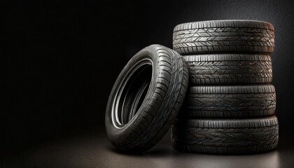 stacked old tires on a black background and space for text