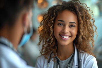 Cheerful dentist discussing treatment options with a smiling patient in the clinic