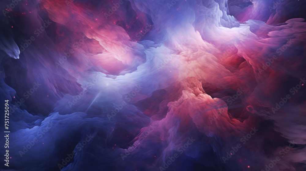 Poster this dynamic image portrays a whimsical space scene with a dramatic interplay between red and blue n