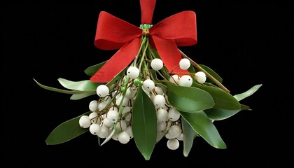 mistletoe bunch with white berries and green leaves tied with red satin bow christmas decoration isolated transparent png