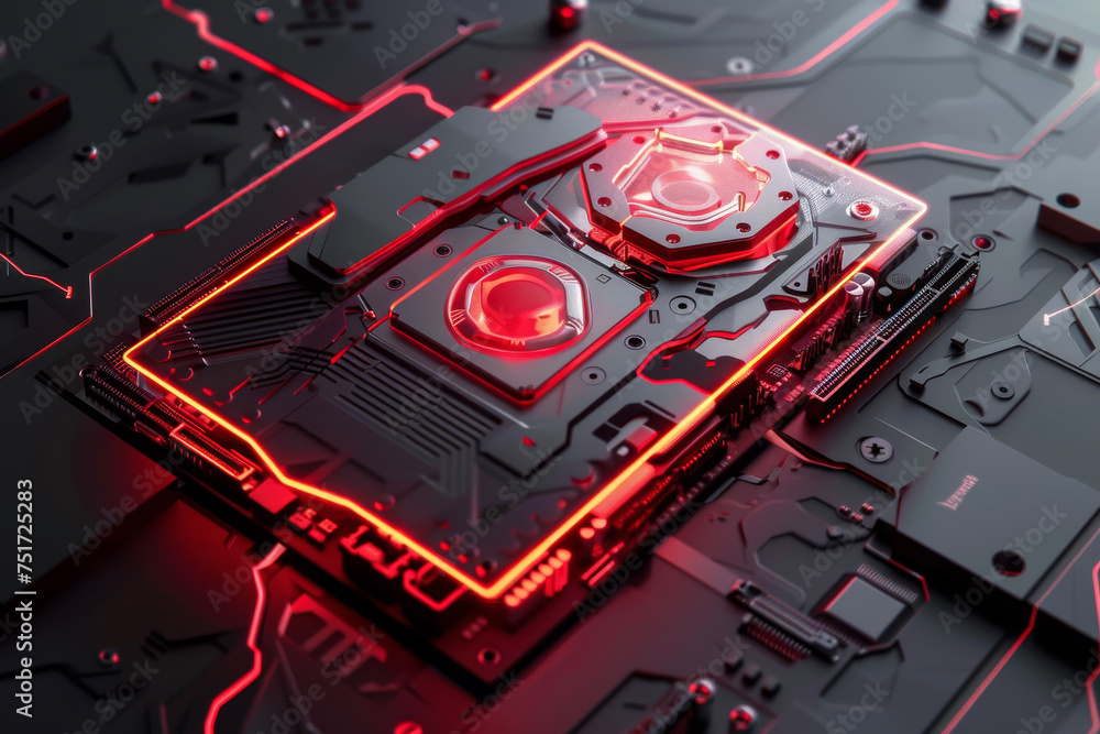 Poster A processor with a red and black design and a liquid cooling system on it