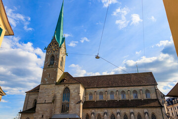 Facade of Fraumunster church in Zurich, Switzerland