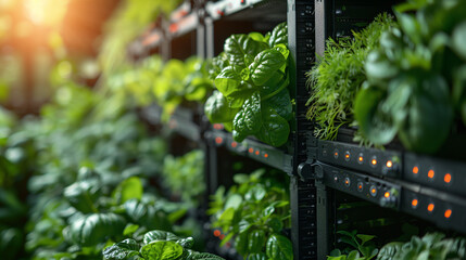 A thriving ecosystem of greenery and fresh produce fills the interior of greenhouse - obrazy, fototapety, plakaty