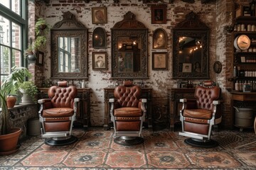 Fototapeta na wymiar Old-fashioned barbershop interior with leather chairs and mirrors