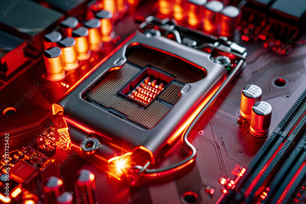 Poster a processor with a red and silver design and a fire system on it